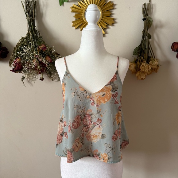 Lush Tops - Lush Cottagecore Sage Floral V-Neck Cami with Peach and Yellow Roses